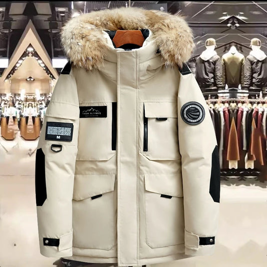 Nueva chaqueta de plumón de pato con capucha y cuello de piel para hombre, abrigo impermeable de alta calidad, a la moda, parkas informales cálidas para hombre