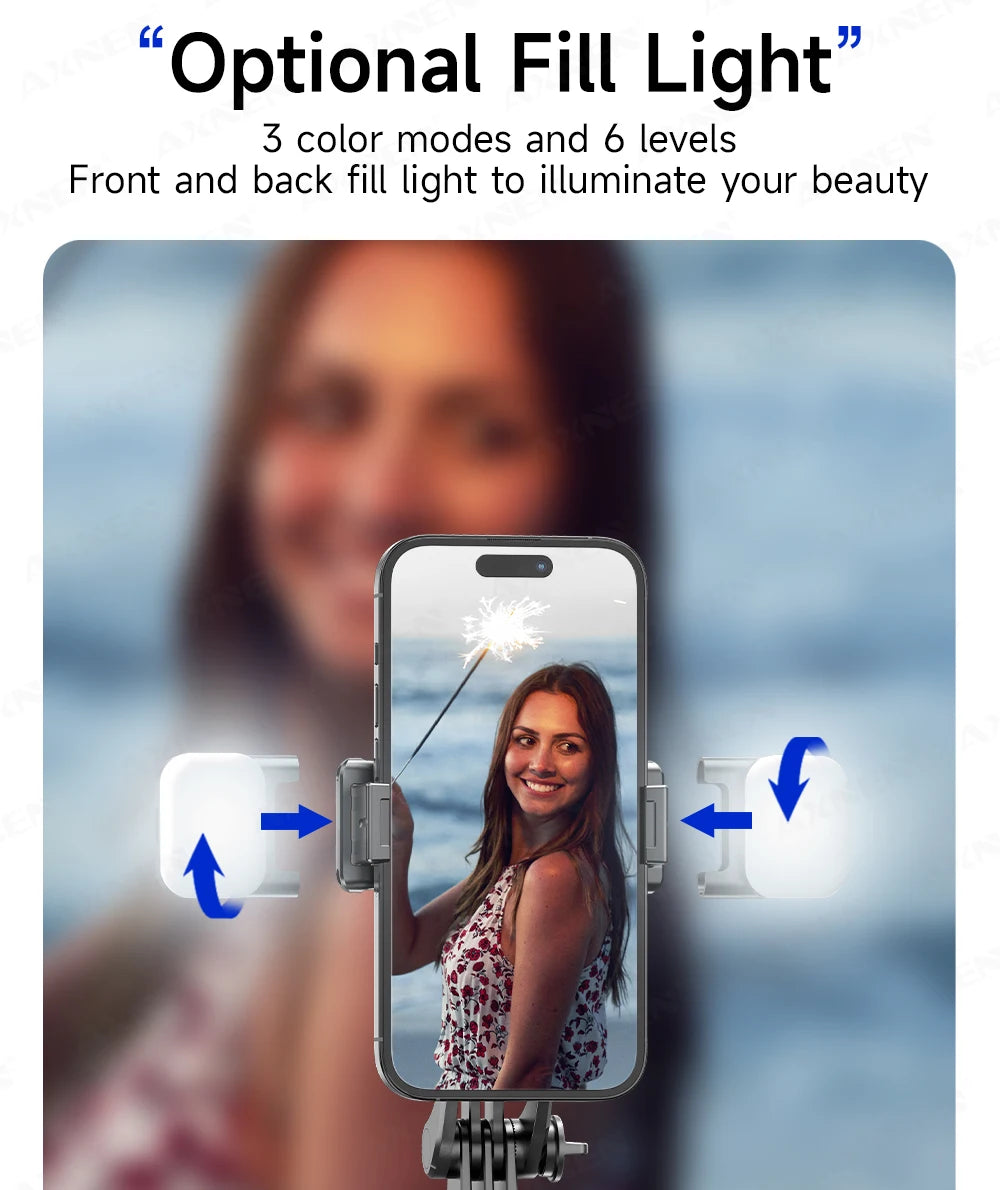 Perche à selfie trépied 1708mm avec télécommande Bluetooth — rotation 360°, interface 1/4", lumière optionnelle