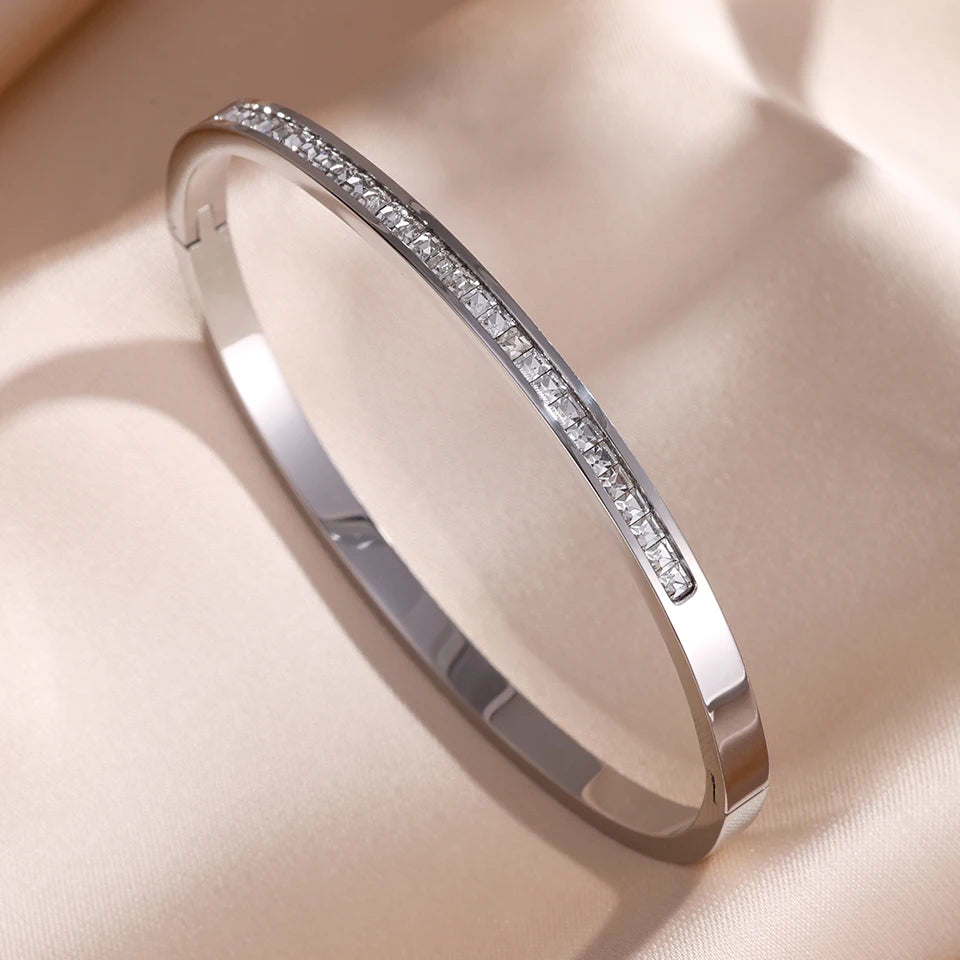 ZAKOL 5/1 piezas conjunto de pulseras de acero inoxidable con incrustaciones de circonita brillante para mujer, brazaletes apilables de moda que no se decoloran, joyería de regalo