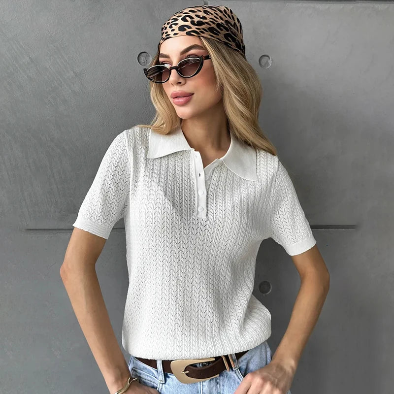 T-shirt femme en maille ajourée 2026 — manches courtes, décontracté, col à revers, tendance, uni