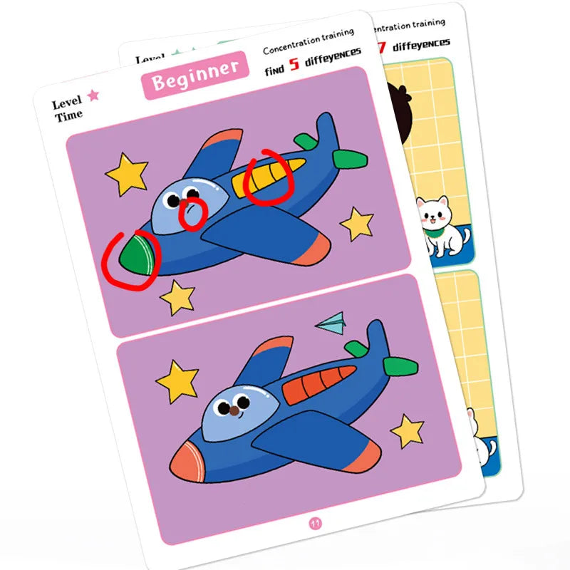 Trouver des différences Jeu de cartes Puzzle éducatif de dessin animé réutilisable pour enfants Trouvez des niveaux de difficulté pour la formation à l'attention de concentration