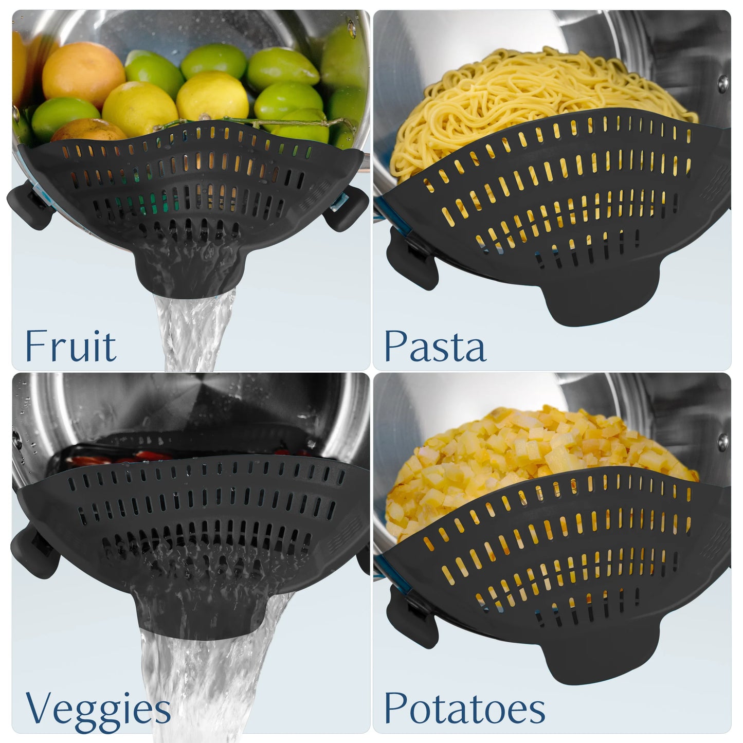1 unidad, colador, colador de olla de silicona, colador de silicona ajustable con clip para ollas, sartenes y cuencos, colador de olla de cocina