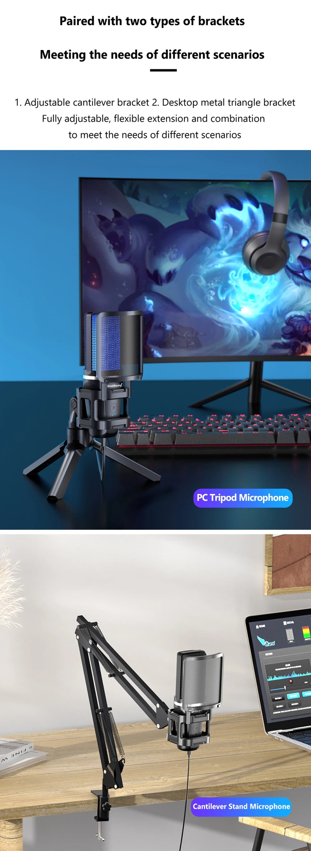Zealsound – Microphone USB à condensateur RGB avec bras articulé pour gaming, podcast et streaming