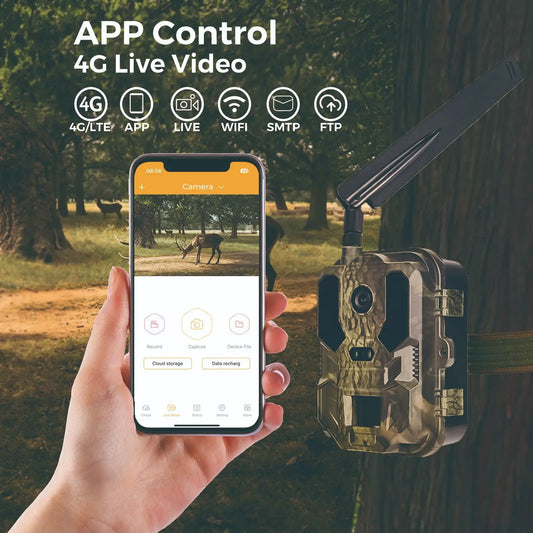 Caméra de chasse 4G LTE avec contrôle par application, diffusion vidéo en direct 4K, service cloud, FTP, SMTP, batterie 8000 mAh HC-960Ultra-LI