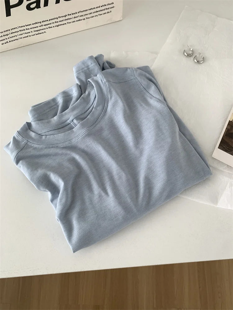 Women's long-sleeved T-shirt, silk wool splice, thin top, soft, waxy, solid color, spring summer