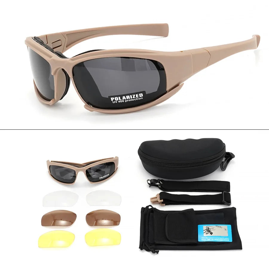Nouvelles lunettes tactiques à 4 lentilles-lunettes de sécurité polarisées coupe-vent et anti-poussière pour les Sports de plein air (escalade, cyclisme, pêche)