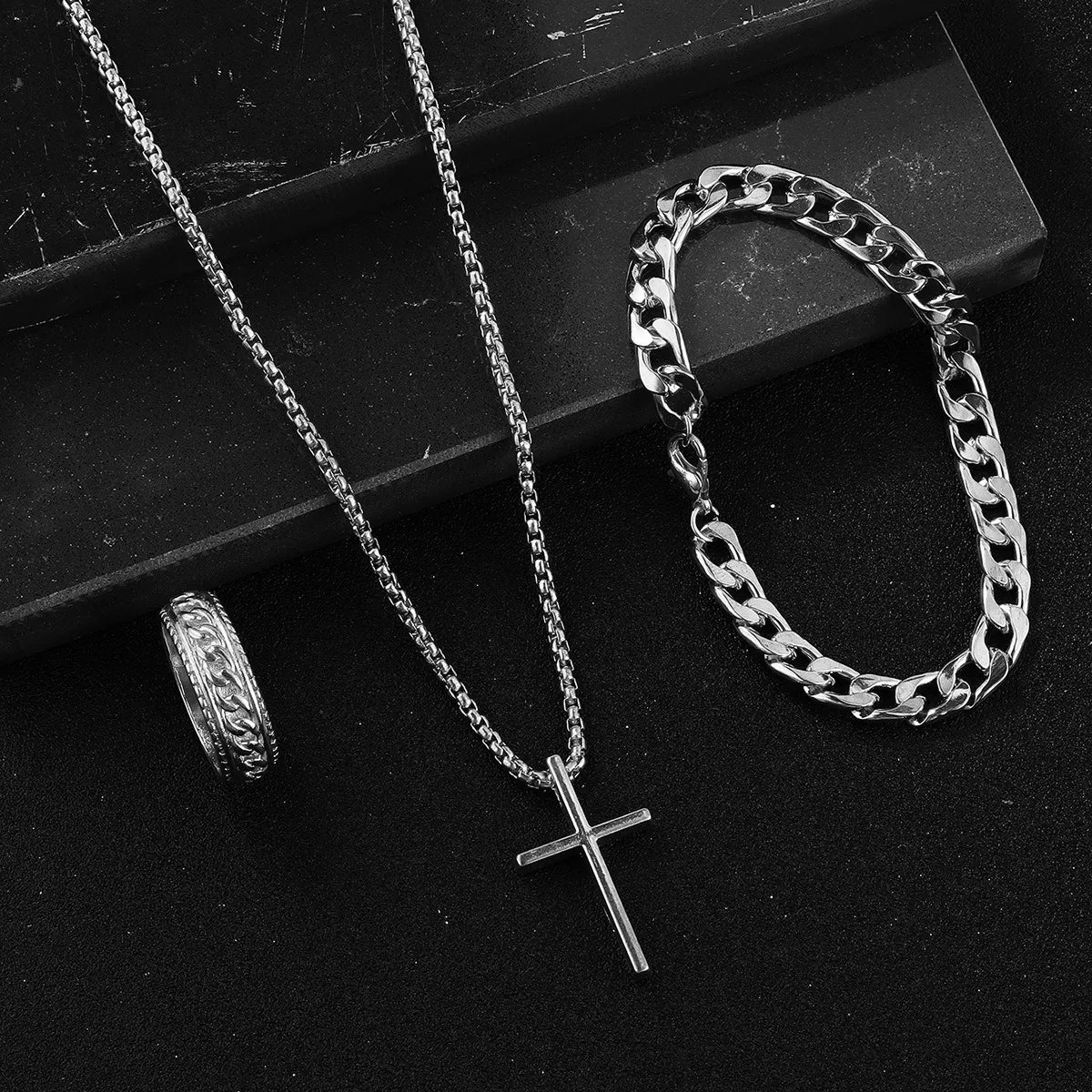 Superventas Nuevo set de joyas cruzadas de 3 piezas | Collar, pulsera, anillo de cadena | Accesorios de moda religiosa para mujeres y hombres, uso diario y regalo