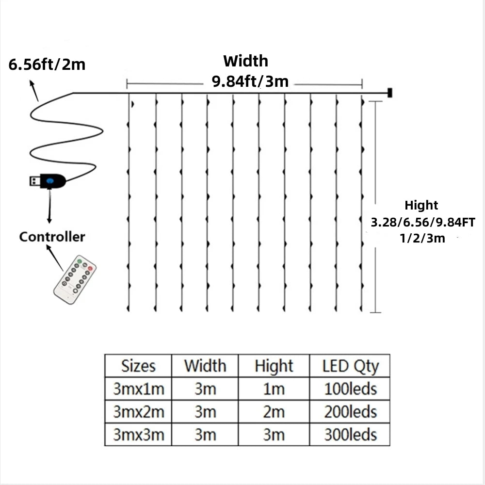 1pc USB 3x3/3*2/3*1 LED rideau chambre lumières guirlande de noël fée lumière feston mariage maison chambre décoration éclairage