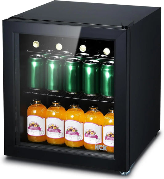 HCK 48L Mini Nevera Silenciosa, 0-15 °C Frigorífico Pequeño de Habitación, Puerta de Cristal Transparente, Mini Bar para Cocina, Negro [Cl