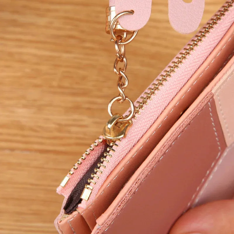 Monedero de mujer, cartera con cremallera, monedero corto para mujer, bolso de mano, cartera de cuero patchwork para mujer, tarjetero, cartera para teléfono