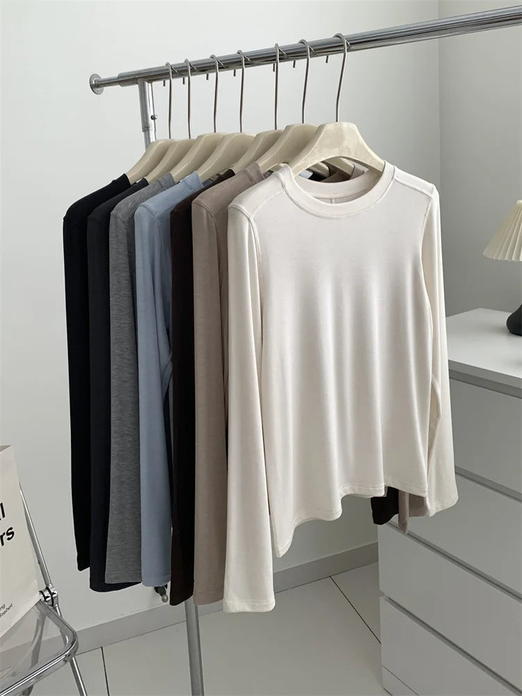 Women's long-sleeved T-shirt, silk wool splice, thin top, soft, waxy, solid color, spring summer