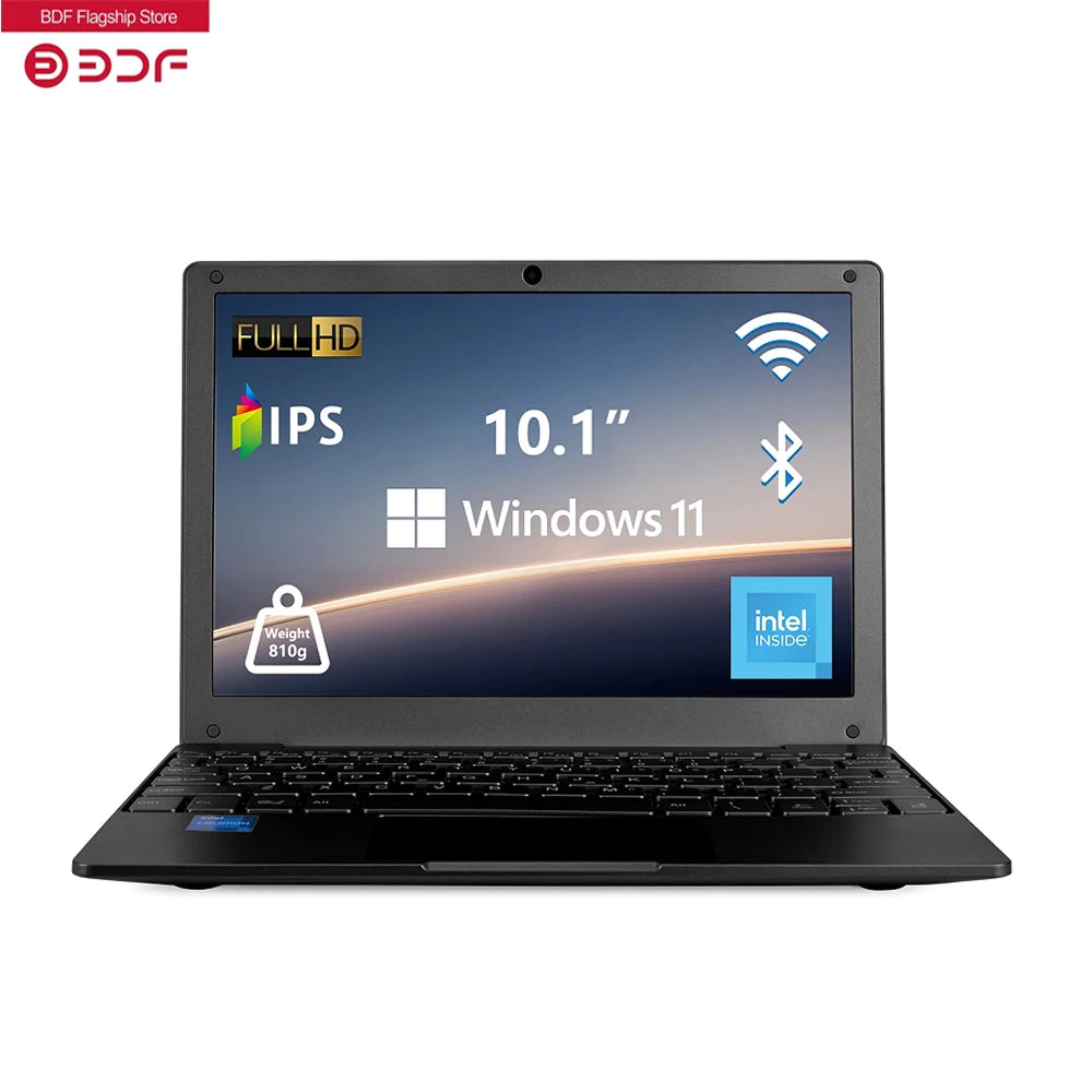 10.1 Inch Laptop Windows 11 OS Pre-Installed Quad Core 8GB + 128GB Netbook HDMI Webcam Office (Black)