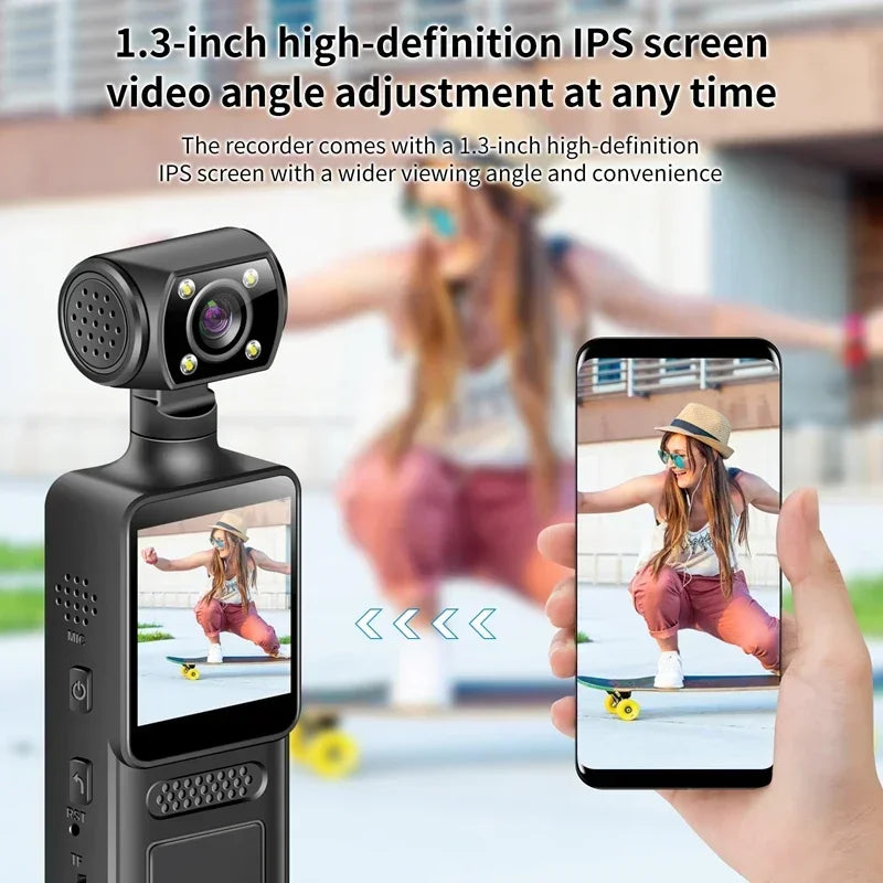 Caméra de poche 8K HD 180° rotative — mini caméra portable, vision nocturne, sport extérieur