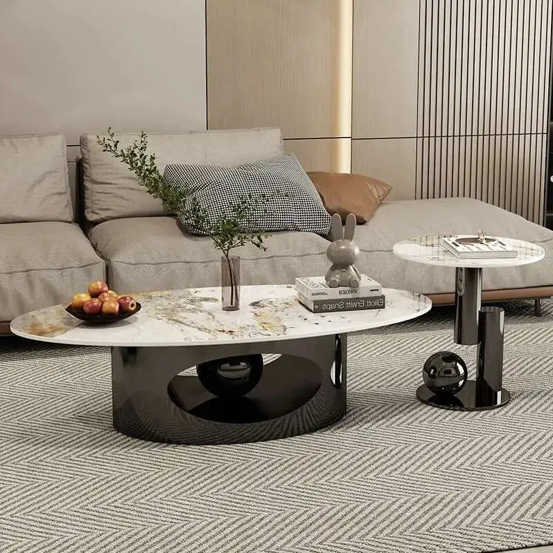 Tables basses modernes effet marbre — pieds métal blanc, table d'appoint ovale, nordique, salon, meubles