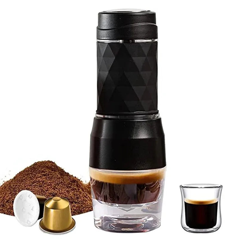 Machine à café portable 3 en 1 — eau chaude/froide, expresso manuel, capsules et café moulu, randonnée