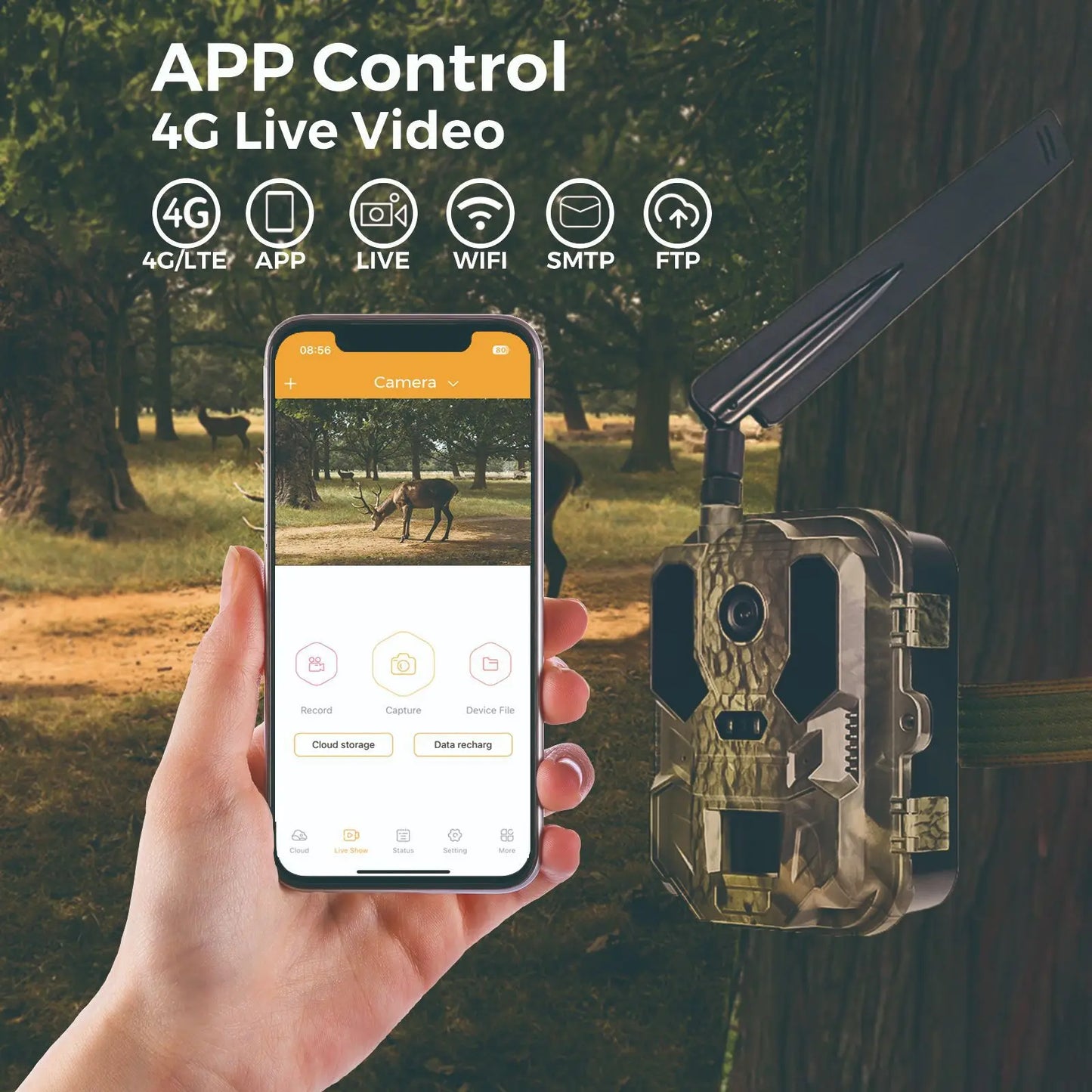 Caméra de chasse 4G LTE avec contrôle par application, diffusion vidéo en direct 4K, service cloud, FTP, SMTP, batterie 8000 mAh HC-960Ultra-LI