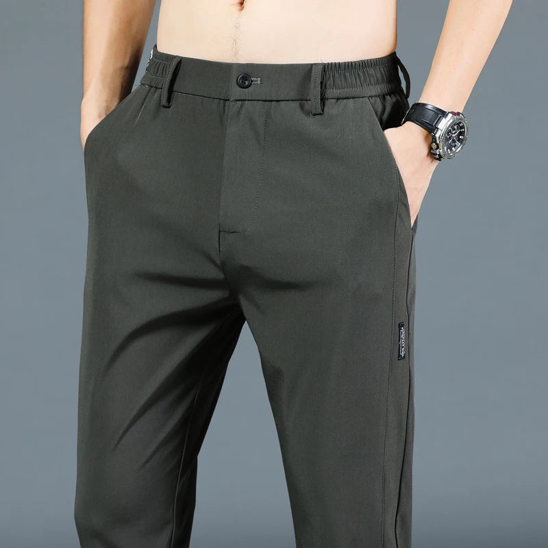 Pantalón fino de seda helada para hombre, elástico, informal, de cintura elástica, liso, ropa de marca, 5 colores, nueva colección de verano 2024