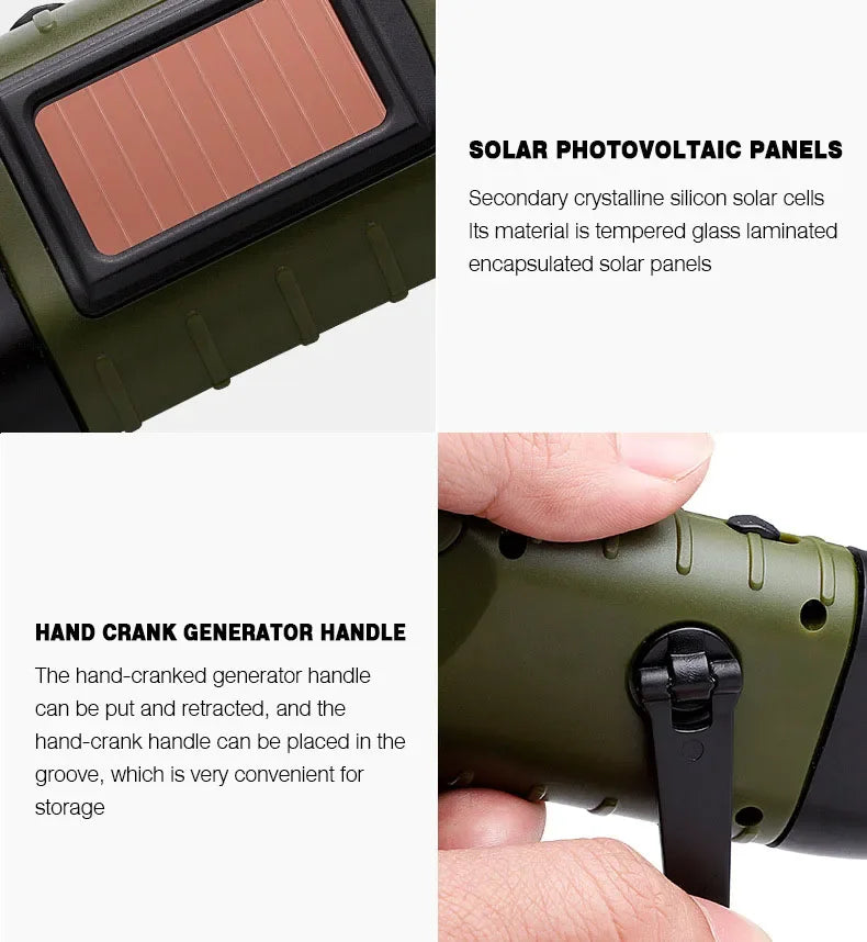 Lampe de poche LED à manivelle, équipement de survie Rechargeable à énergie solaire, torche de charge auto-alimentée, Dynamo pour pêche, bateau, randonnée