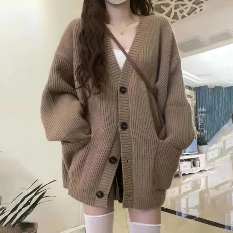 Cárdigan de mujer otoño invierno, abrigos suéter, moda femenina, cuello en V, manga larga, suelto, punto, chaquetas, suéter, cárdigan informal