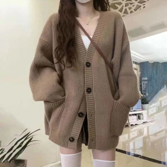 Cárdigan de mujer otoño invierno, abrigos suéter, moda femenina, cuello en V, manga larga, suelto, punto, chaquetas, suéter, cárdigan informal