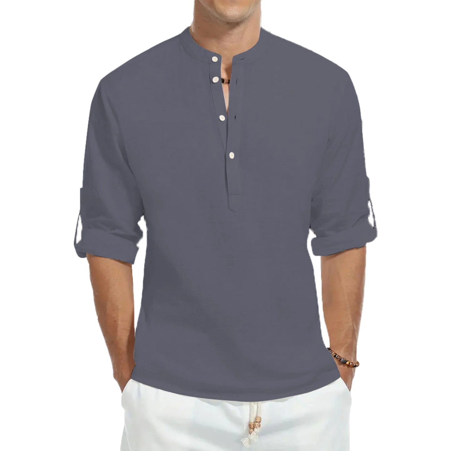 Chemise Coton Ample Homme — Col Montant Manches Longues Mode Ajustée