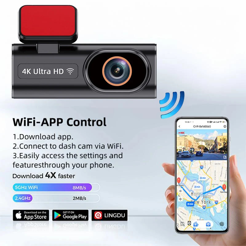 Dashcam Ultra HD 4K — enregistrement en boucle, surveillance stationnement 24H, vision nocturne, caméra arrière, WiFi