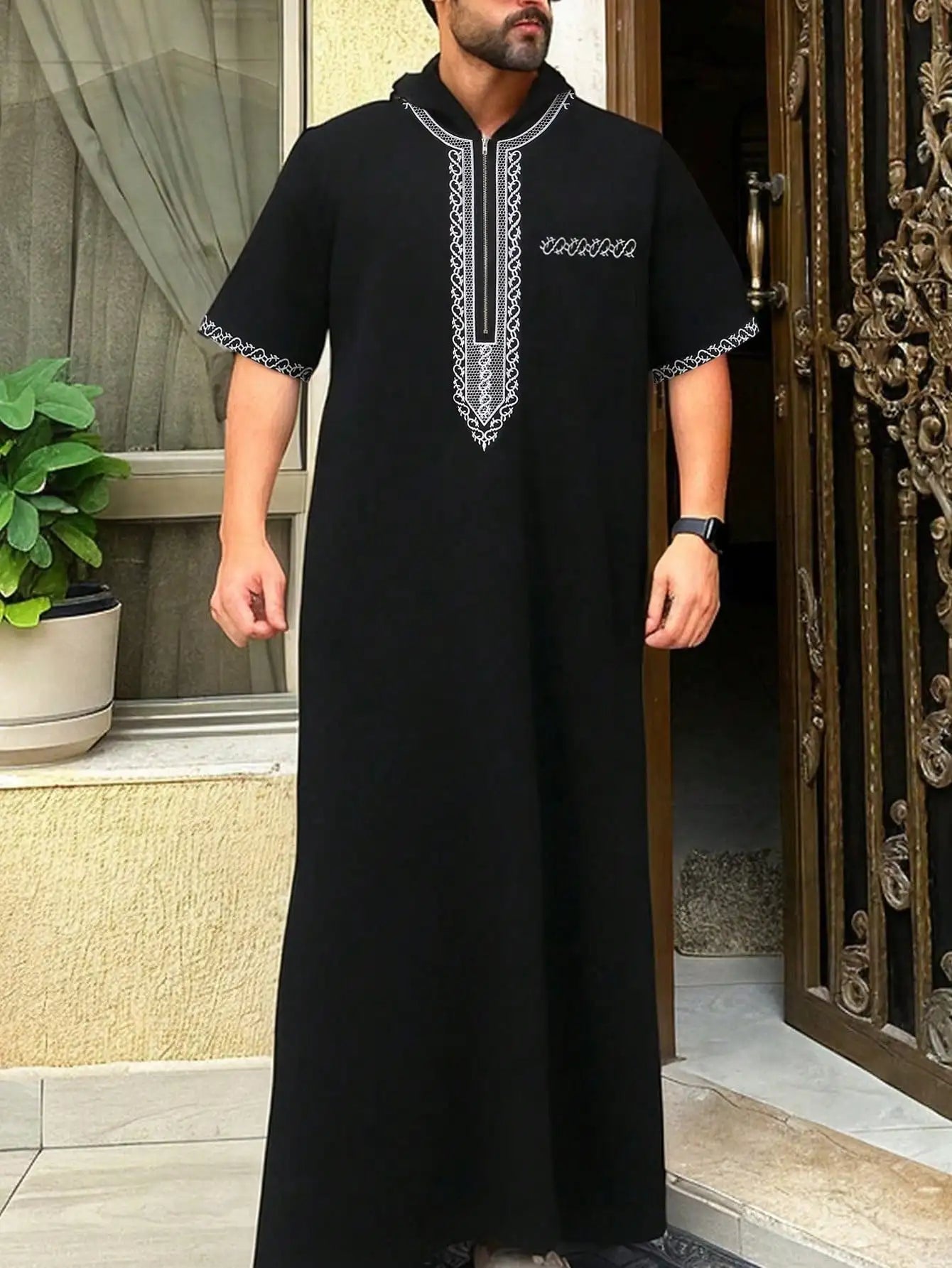 Thobe pour hommes marocain, manches longues style ethnique brodé col montant conception de fermeture éclair hommes musulmans à la mode Abaya fest arabe