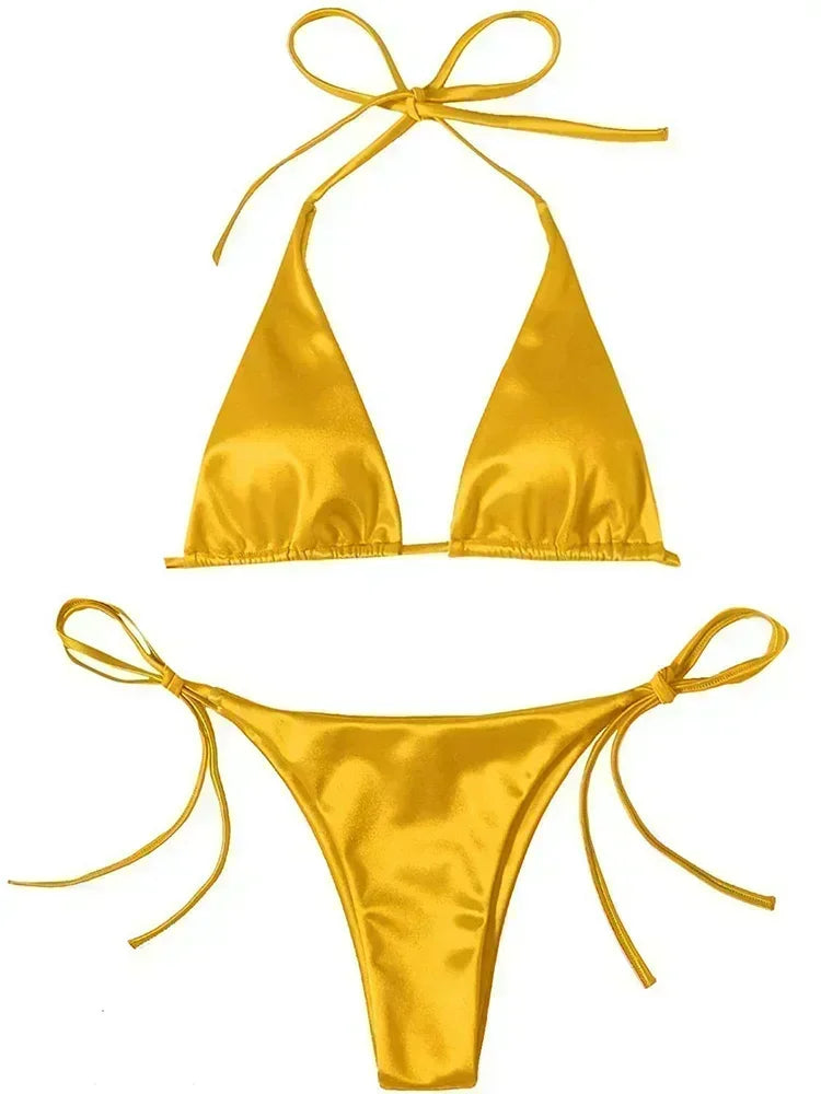 Licou brésilien métallique Satin Bikini femmes maillots de bain femme maillot de bain deux pièces Bikini ensemble coupe haute maillot de bain maillots de bain