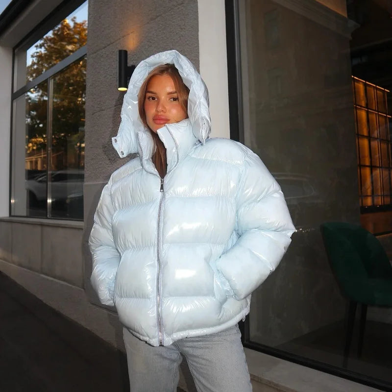 Women's Hooded Coats with Solid Shiny Zipper, Pleated Short Cotton Jacket, Warm Elastic Waist, New 2025 Winter Collection, Street Outerwear