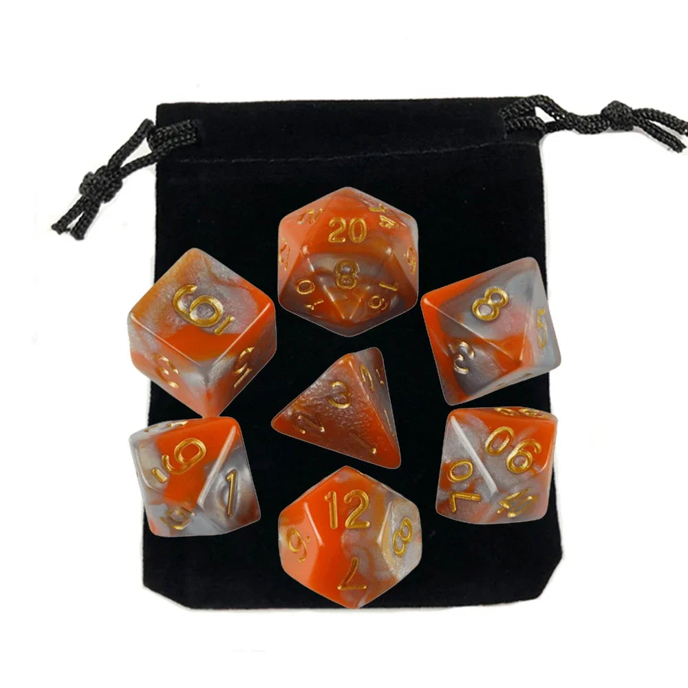 Dés polyédriques avec sac — jeu de société, jeu de rôle, d4, d6, d8, d10, d12, d20, 7 pièces