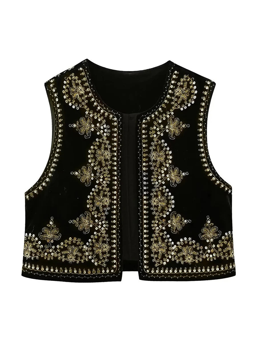 Gilet brodé noir Vintage à motif Floral pour femmes, sans manches, ouvert sur le devant, court polyvalent, vêtements d'extérieur y2k, Cardigan Boho court