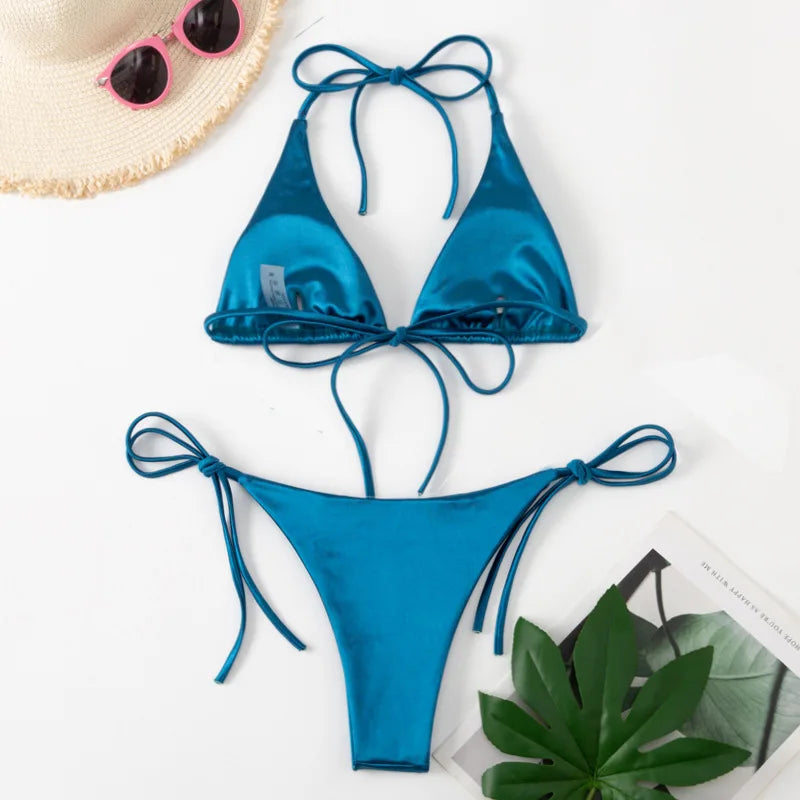 Licou brésilien métallique Satin Bikini femmes maillots de bain femme maillot de bain deux pièces Bikini ensemble coupe haute maillot de bain maillots de bain