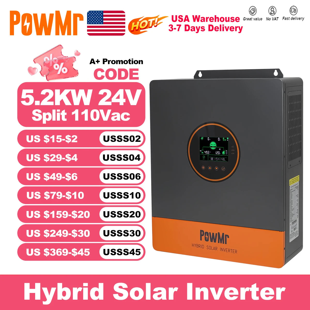 PowMr USA 5.2KW 48V 110Vac Hybrid Solar Inverter can Split Phase Output 220Vac When Parallel Pure Sine Wave MPPT 100A PV 500Vdc