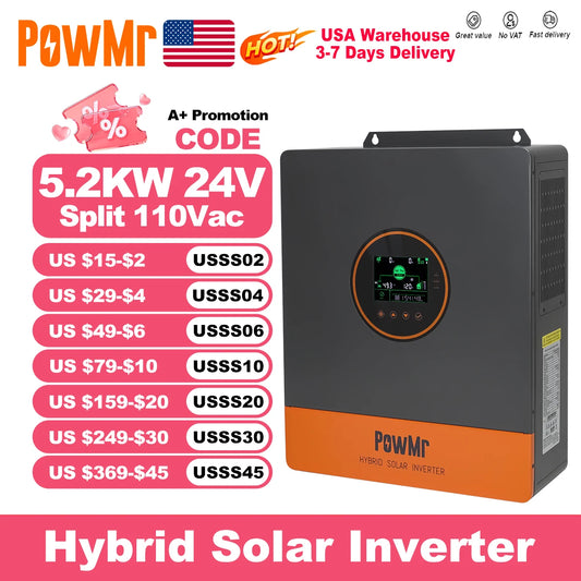 PowMr USA 5.2KW 48V 110Vac inversor solar híbrido puede dividir la salida de fase de 220Vac cuando la onda sinusoidal pura en paralelo MPPT 100A PV 500Vdc