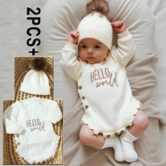 Ylsteed Hello World mameluco de punto para recién nacido con gorro de pompón a juego, ropa de bebé para sesión de fotos, niño o niña, fotografía HD