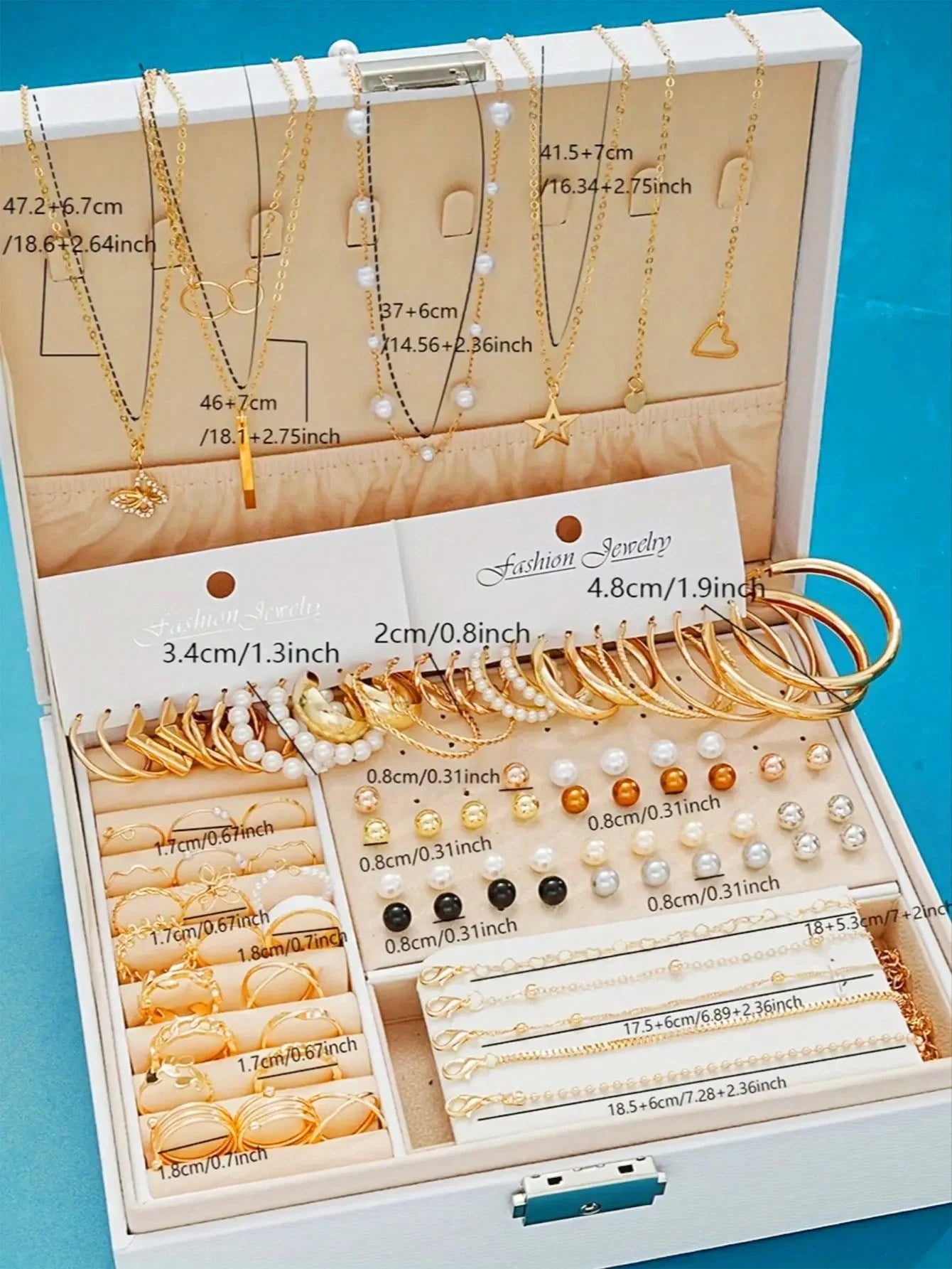 86 Pcs/Set Elegant Pearl Earrings Multilayer Necklace Stud Earrings Rings 4-in-1 Jewelry Set for Women Daily Use Gift (No Box)