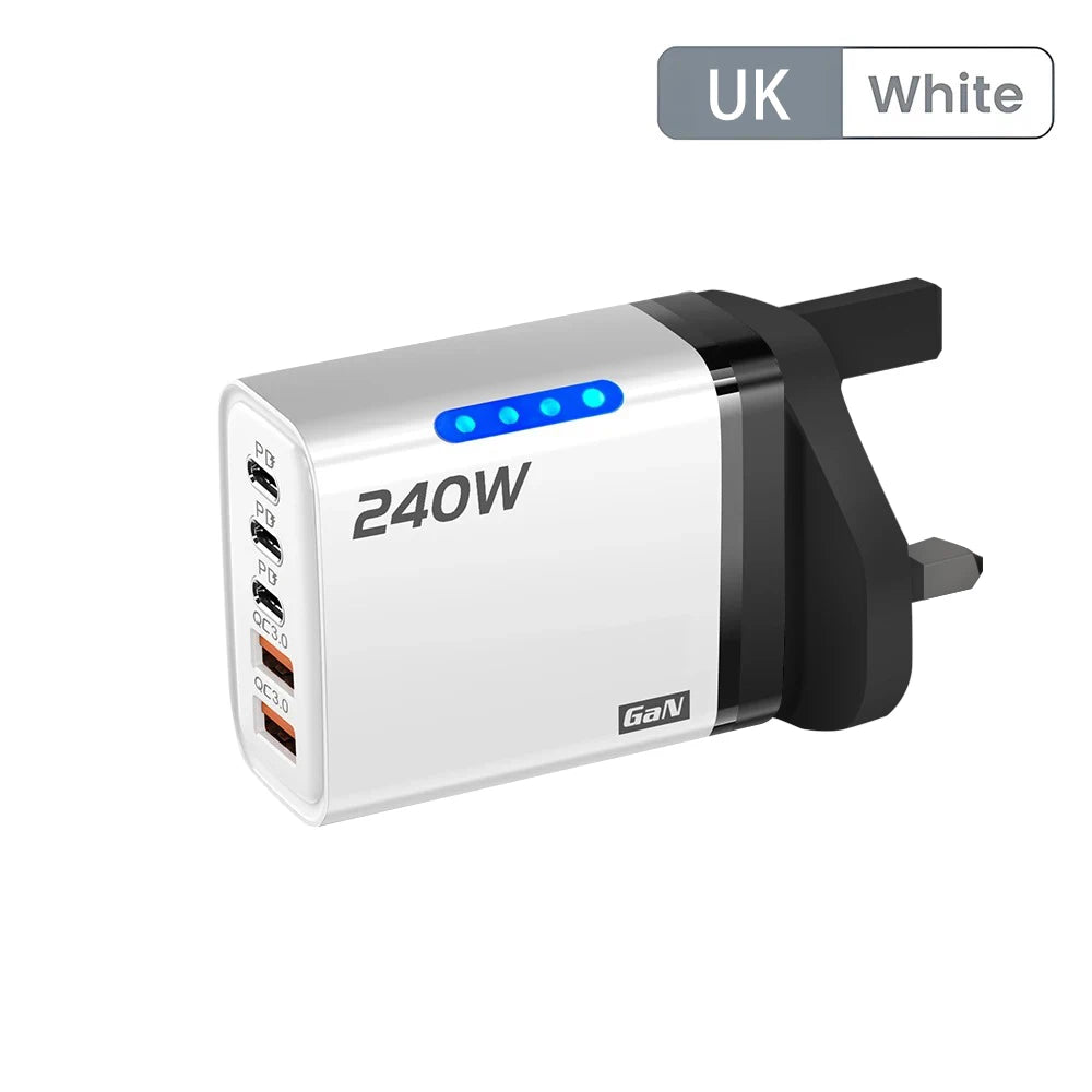 Chargeur de téléphone GaN 5 en 1 240W, adaptateur de charge rapide 10A, câble USB vers Type C, 3 ports PD, 2 ports USB, pour iPhone 16 15 Pro, Xiaomi
