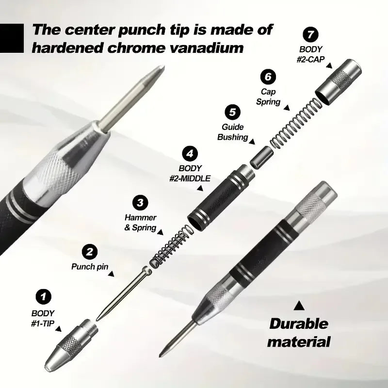 Punzonadora central automática, marcador de orificios, madera, metal, acero, carga por resorte, localizador de taladro, punzón resistente, carpintería, herramienta manual automática