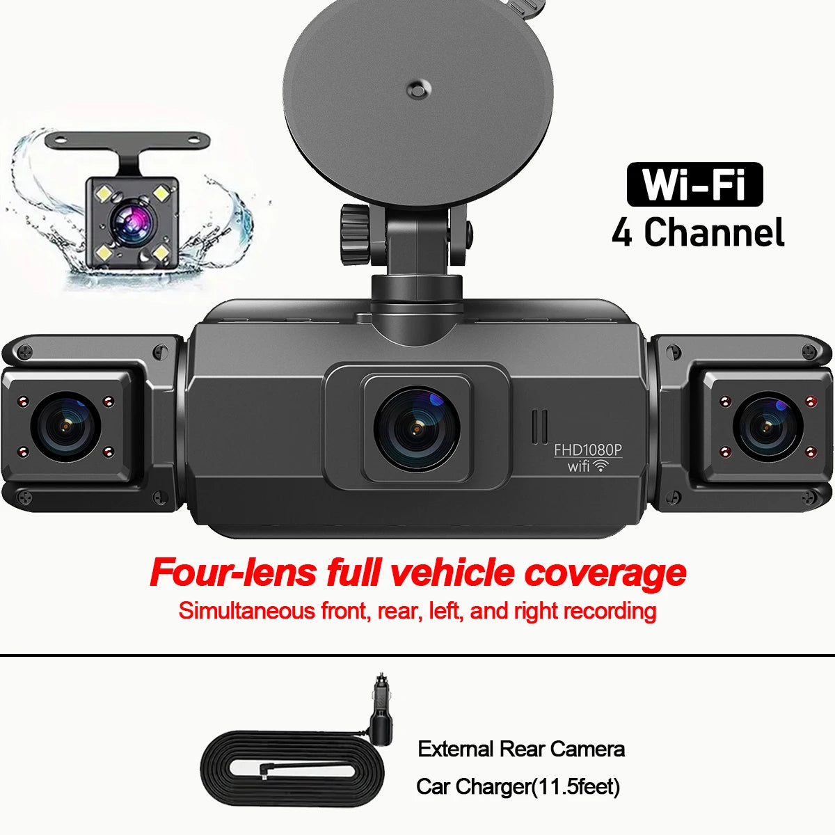 Dashcam 4 Canaux WiFi 360° — Stationnement 24H Intérieur Avant Arrière