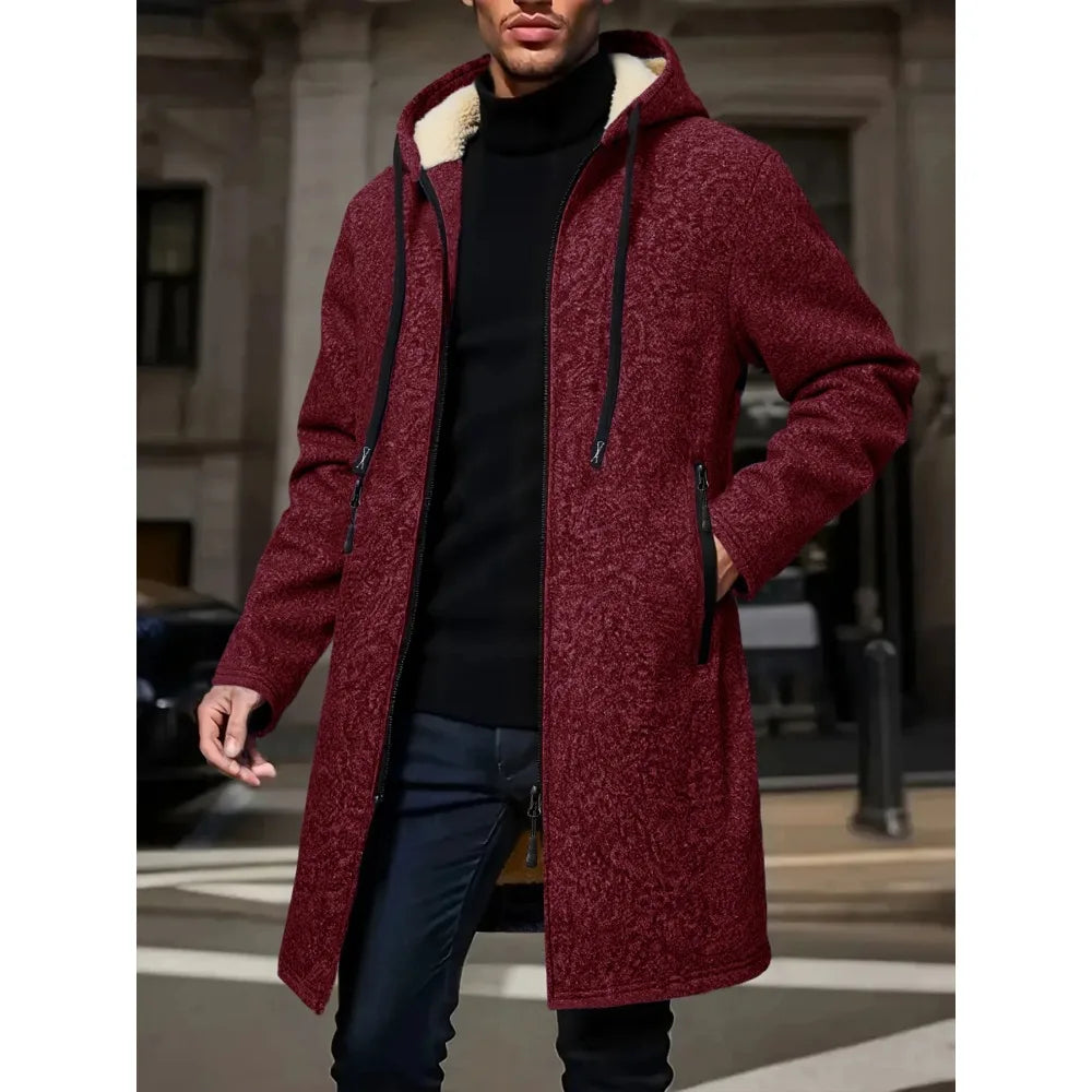 Abrigo largo cálido de invierno para hombre, chaqueta con cremallera, cortavientos de lana gruesa, abrigo informal cortavientos, chaqueta con capucha de color de contraste