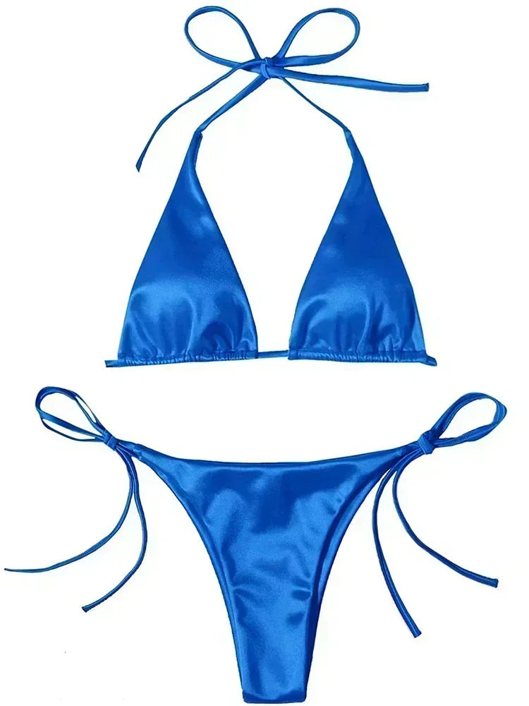 Licou brésilien métallique Satin Bikini femmes maillots de bain femme maillot de bain deux pièces Bikini ensemble coupe haute maillot de bain maillots de bain