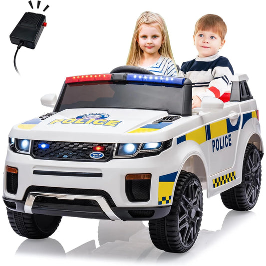 Kids' car, 4-wheel electric vehicle with remote control, megaphone, flashing lights, spring suspension, music