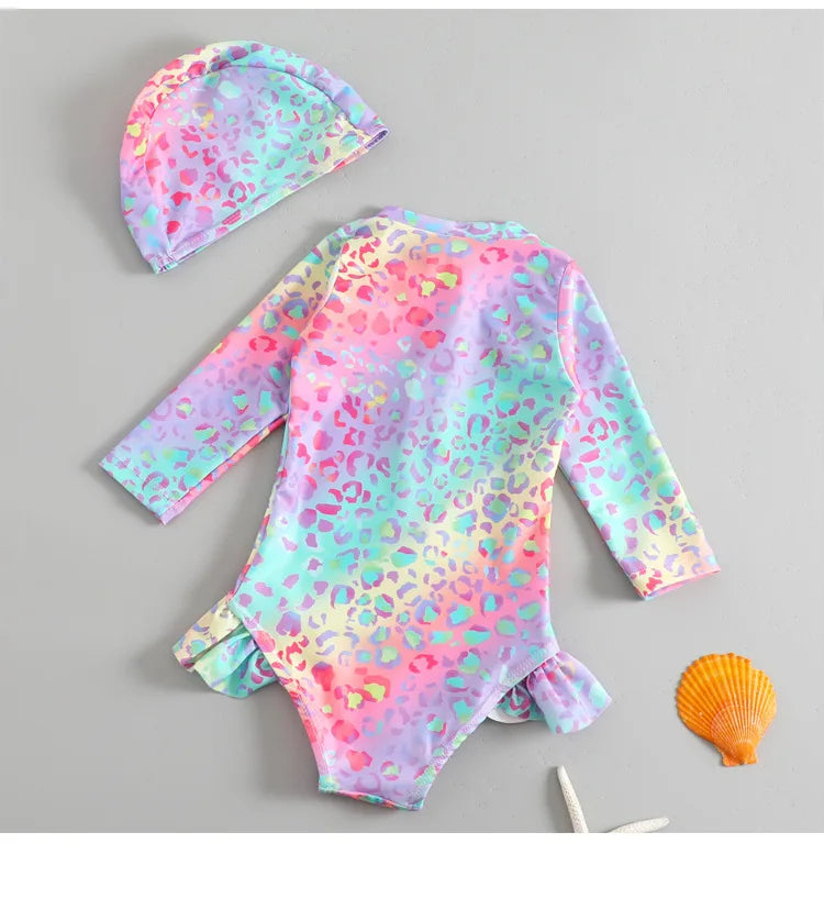 Maillot de bain une pièce avec chapeau de soleil pour petites filles de 1 à 2 3 4 5 6 ans, manches à volants léopard, fermeture éclair, vêtements de plage pour bébé