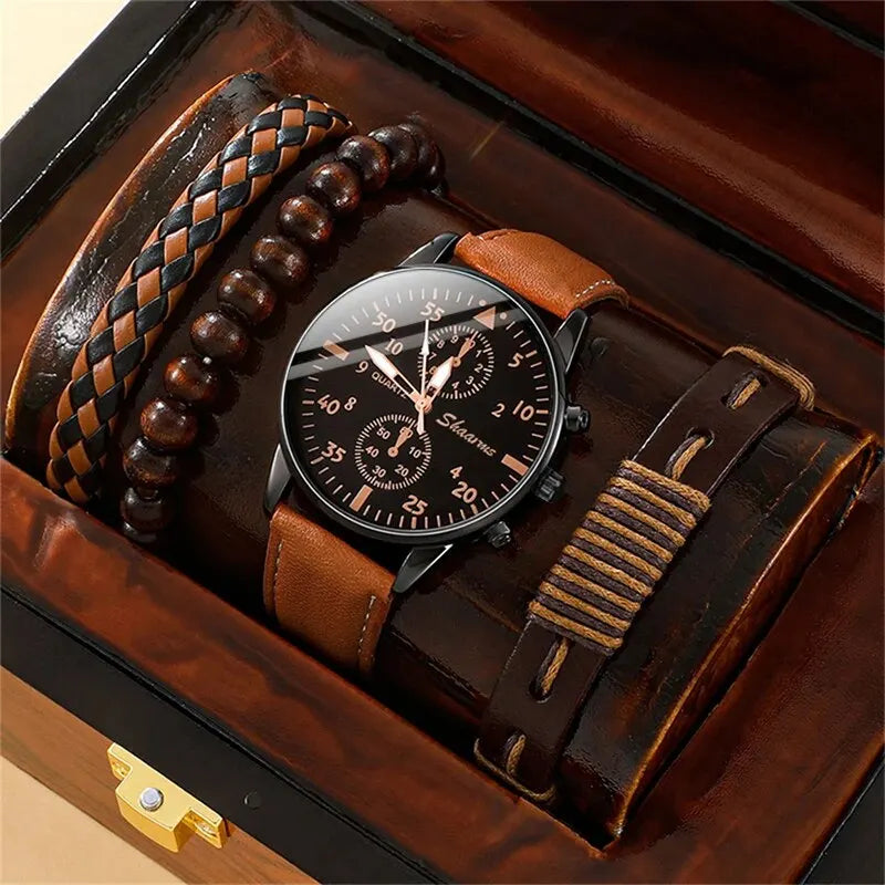 New Men Luxury Watch Bracelet Set Business Fashion Brown Leather Quartz Watches for Men Gift Relogio Masculino