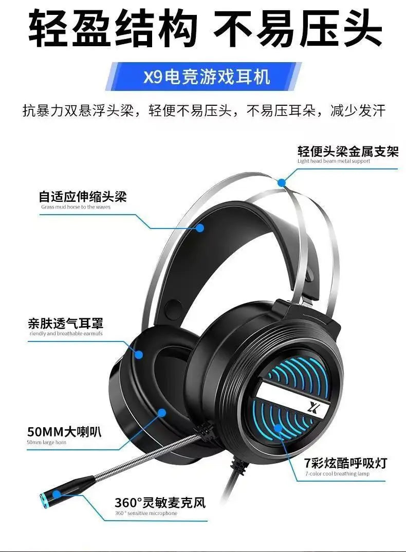 Casque de jeu stéréo avec microphone — lumière LED, antibruit, consoles, PC (v2)