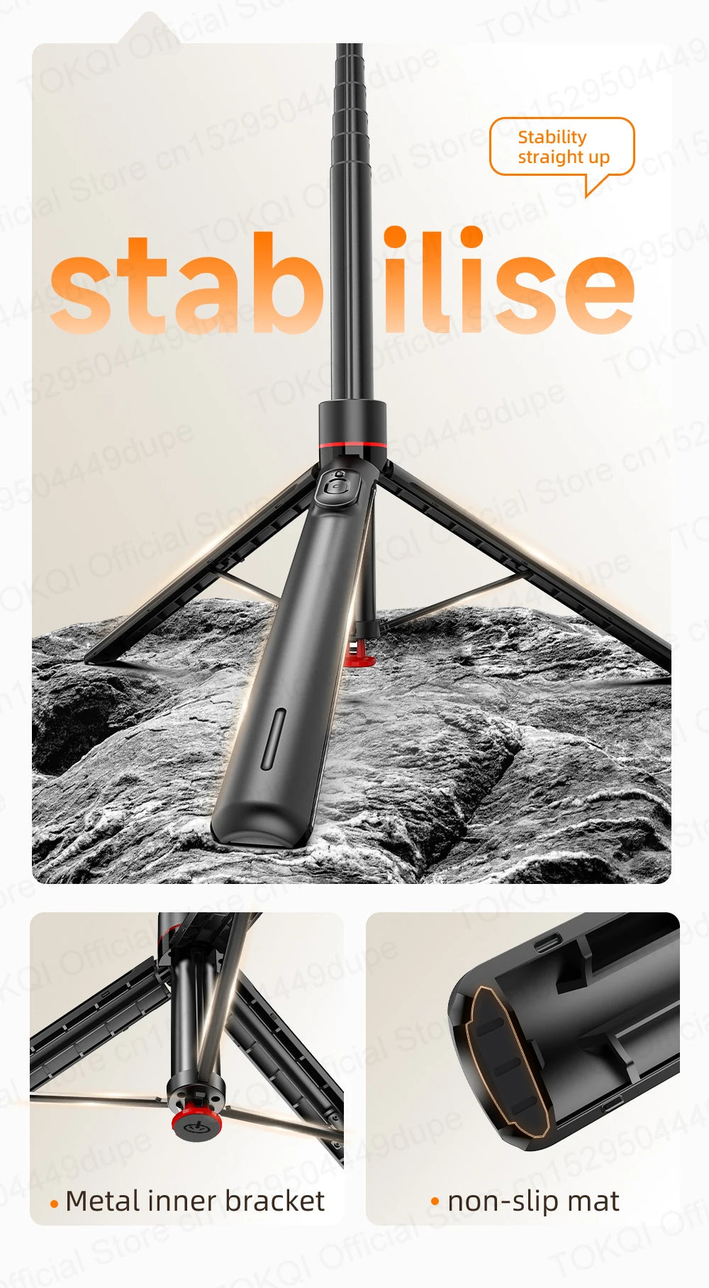 TOKQI TT03 — Perche à Selfie Extensible 1.76m Ouverture Auto Télécommande Magnétique