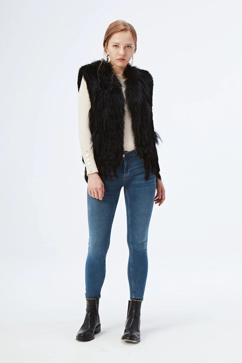 Gilet à glands en véritable fourrure de lapin tricoté — vintage, garniture fourrure raton laveur