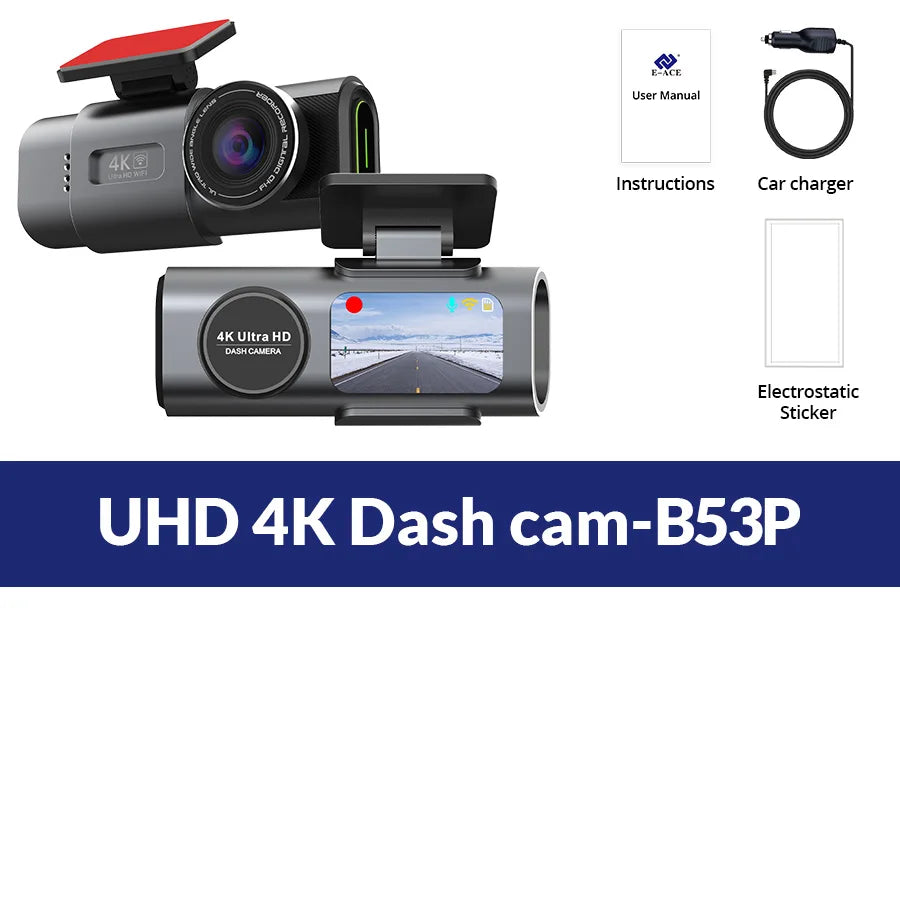 4K UHD Car Dash Cam, Night Vision DVR Video Recorder, Built-in Wi-Fi, 24H Parking GPS Support