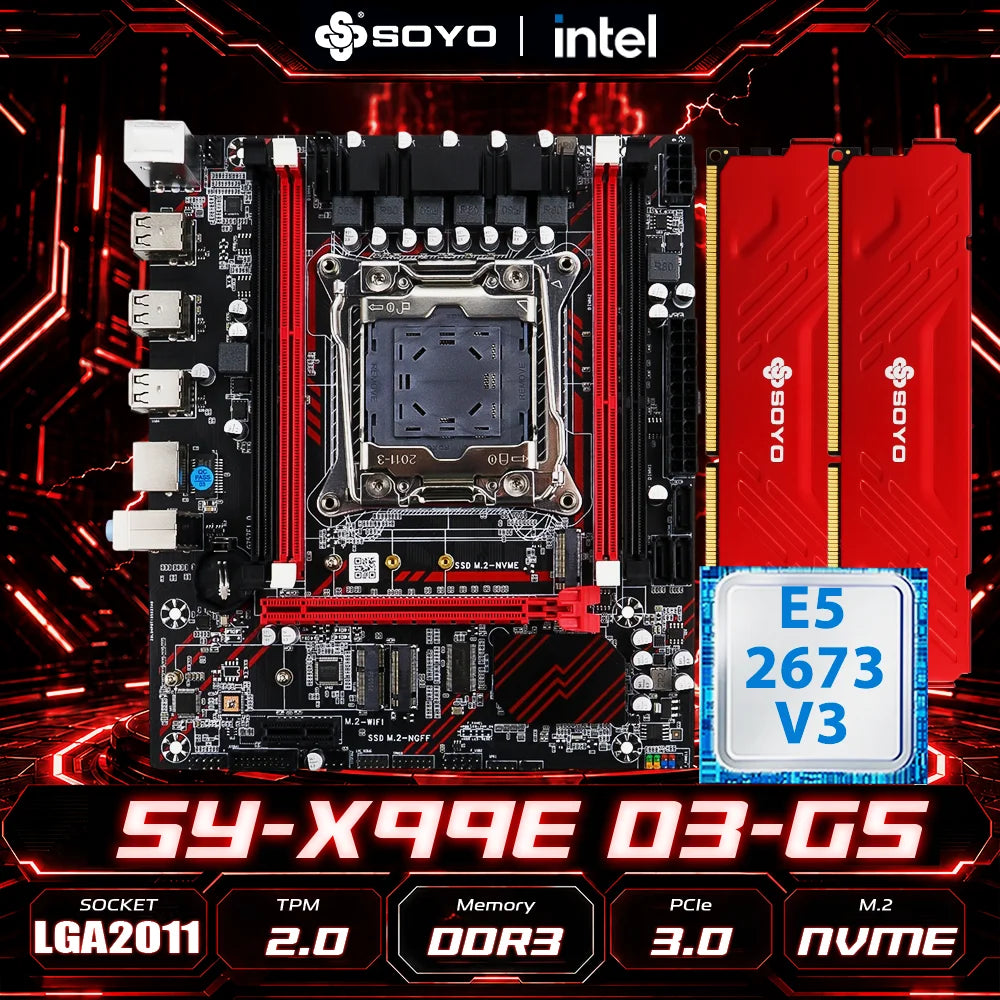 Carte mère SOYO X99 DDR3 LGA2011-3 — Xeon E5-2673 V3, DDR3 128 Go, NVMe M.2, PCIe 3.0, TPM 2.0