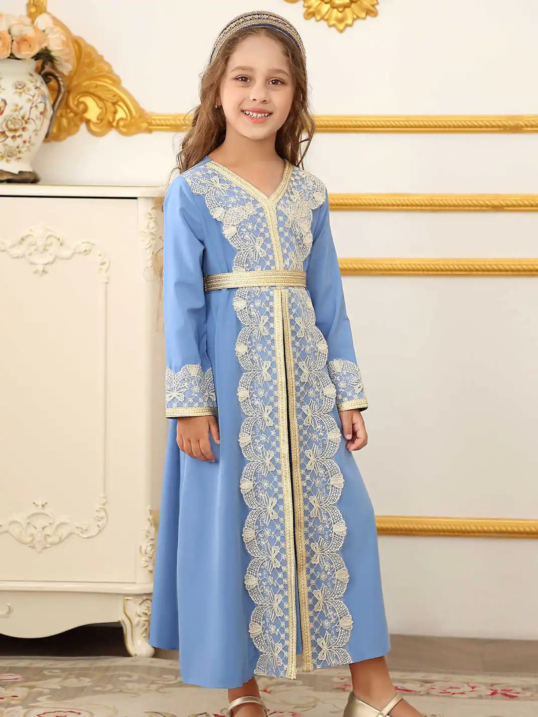 Moroccan Middle Eastern Ethnic Lace Dress for Muslim Girls from Dubai, Islamic Wedding Ramadan Festival Costume